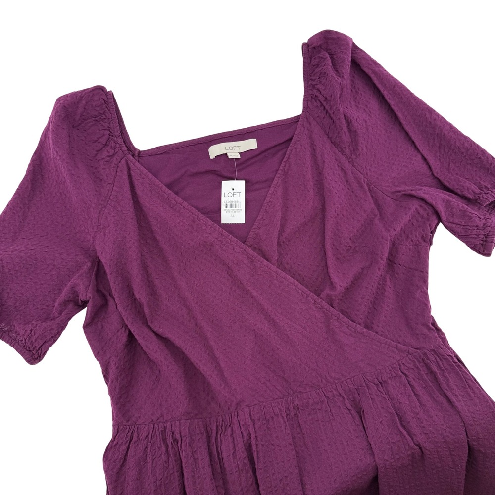 Loft Purple Textured Square Neck Puff Sleeve Dress Womens Size 14 New‎